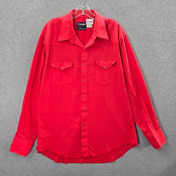VINTAGE Wrangler Men Button Up Shirt 17.5 X Long Tails Made In USA Western Pearl - Picture 1 of 9